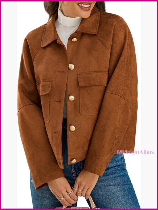 Jackets & Blazers - Oversized Cropped Faux Suede Jacket Lapel Collar Button Down Vintage Shacket